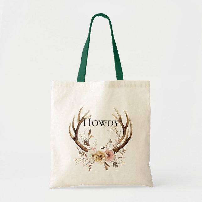 Floral Deer Antlers Cowgirl Tote Bag (Front)