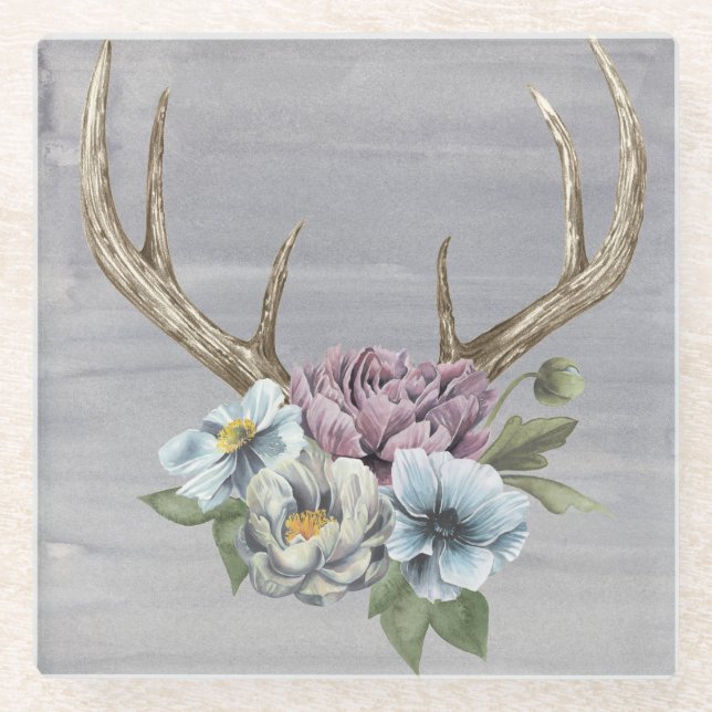 Floral Deer Antlers Glass Coaster (Front)