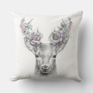 Floral deer antlers pink watercolor illustration  cushion