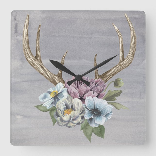 Floral Deer Antlers Square Wall Clock (Front)