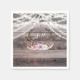 Floral Deer Antlers & String Lights Rustic Party Napkin