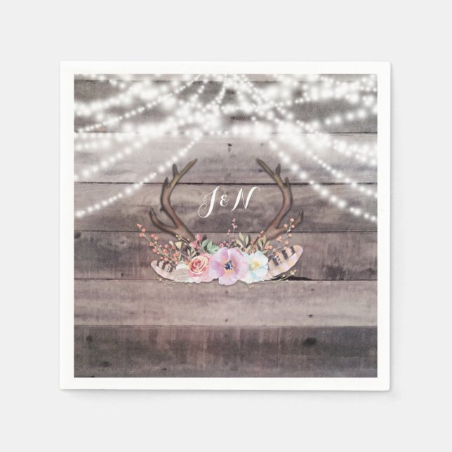 Floral Deer Antlers & String Lights Rustic Party Napkin (Front)