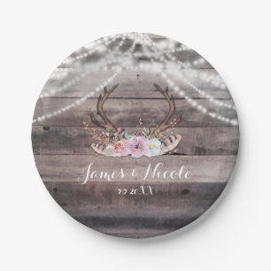 Floral Deer Antlers & String Lights Rustic Party Paper Plate