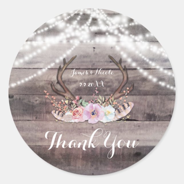 Floral Deer Antlers & String Lights Wedding Favour Classic Round Sticker (Front)