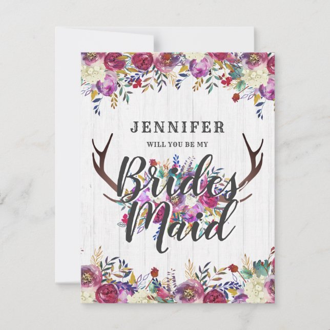 Floral Deer Antlers Will You Be My Bridesmaid Invitation (Front)