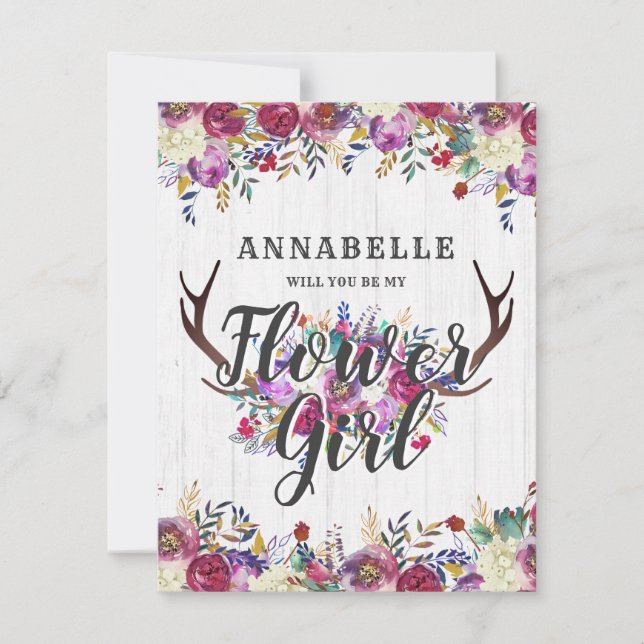 Floral Deer Antlers Will You Be My Flower Girl Invitation (Front)