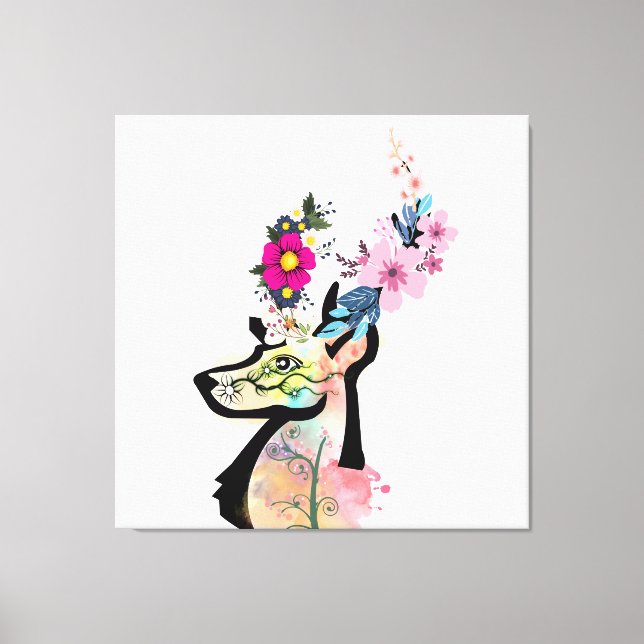 Floral Deer Art-Nature & Wildlife Illustration  Canvas Print (Front)