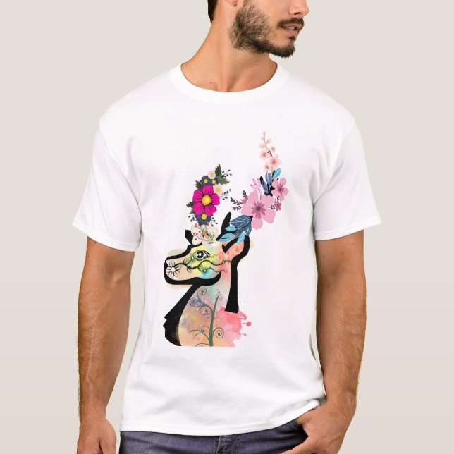 Floral Deer art-Nature & Wildlife Illustration  T-Shirt (Front)