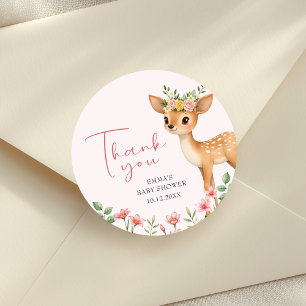Floral Deer Baby Girl Shower Thank You Classic Round Sticker