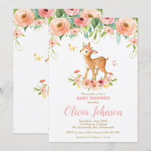 Floral Deer Baby Shower Woodland Animals Baby Girl Invitation