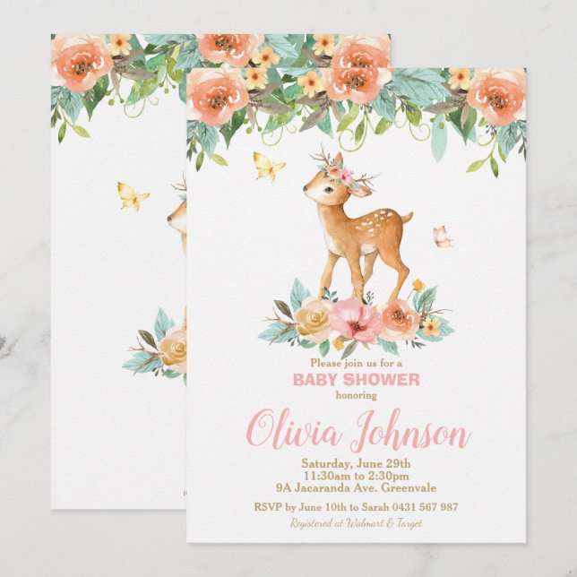 Floral Deer Baby Shower Woodland Animals Baby Girl Invitation (Front/Back)