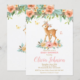 Floral Deer Baby Shower Woodland Animals Baby Girl Invitation