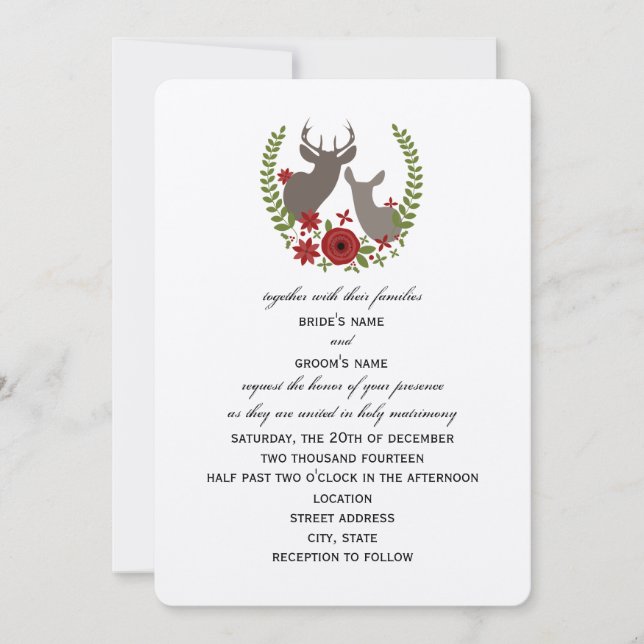 Floral Deer Christmas Wedding Invitation (Front)