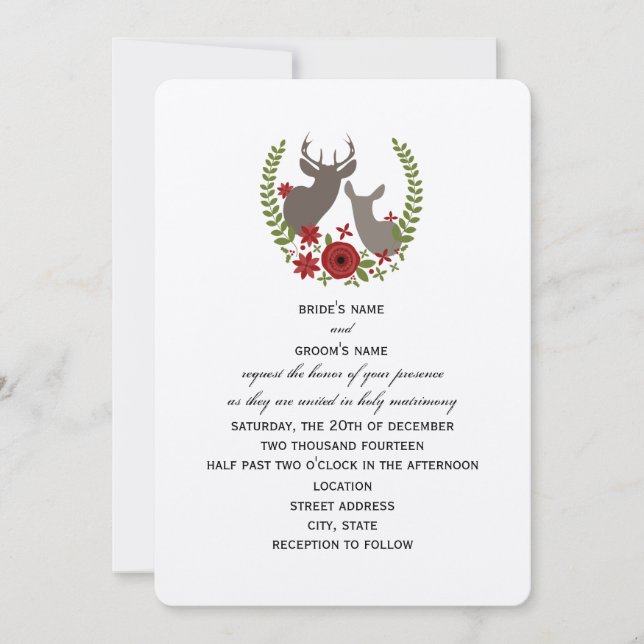 Floral Deer Christmas Wedding Invite (Front)