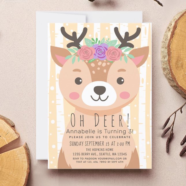 Floral Deer Cute Deer Kids Birthday  Invitation (Creator Uploaded)