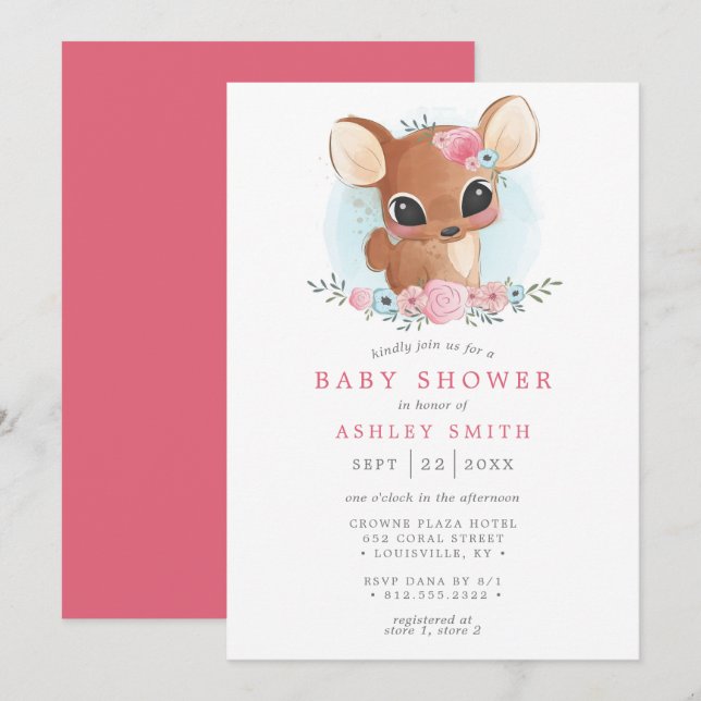Floral Deer Cute Woodland Doe Girl Baby Shower Invitation (Front/Back)