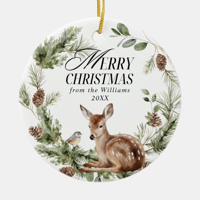 Floral Deer Elegant Modern Merry Christmas Ceramic Tree Decoration (Front)