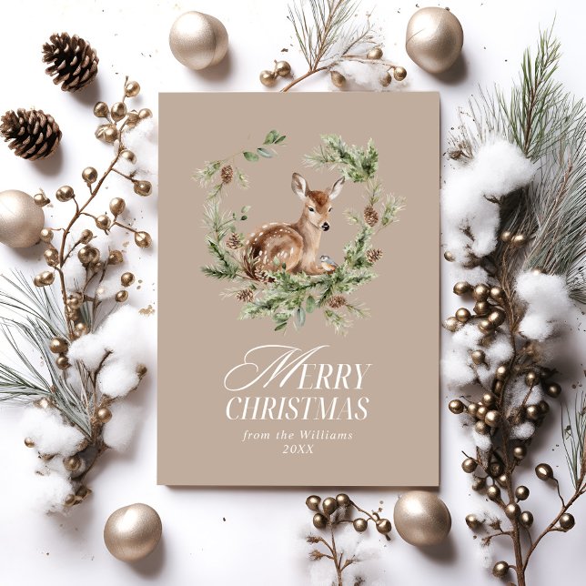 Floral Deer Elegant Modern Merry Christmas Holiday Card (Creator Uploaded)