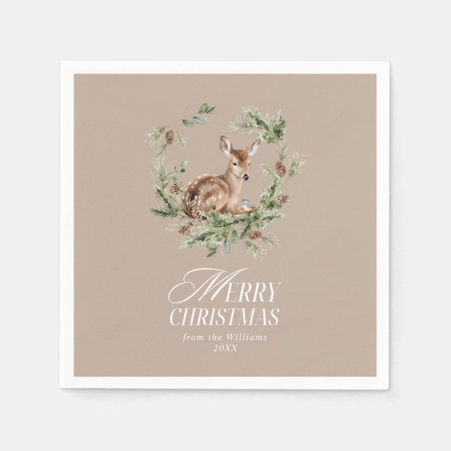 Floral Deer Elegant Modern Merry Christmas Napkin (Front)
