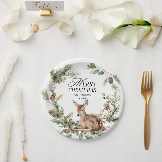 Floral Deer Elegant Modern Merry Christmas Paper Plate (Wedding)