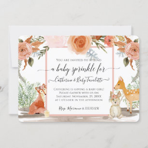 Floral Deer Fox Rabbit Woodland Baby Girl Shower Invitation