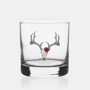 Floral Deer Head Skull and Roses Whiskey Glass