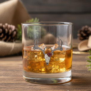 Floral Deer Head Skull Family Name Whiskey Glass