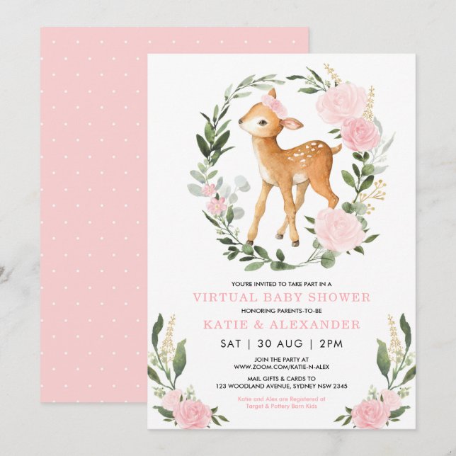 Floral Deer Woodland Greenery Virtual Baby Shower Invitation (Front/Back)