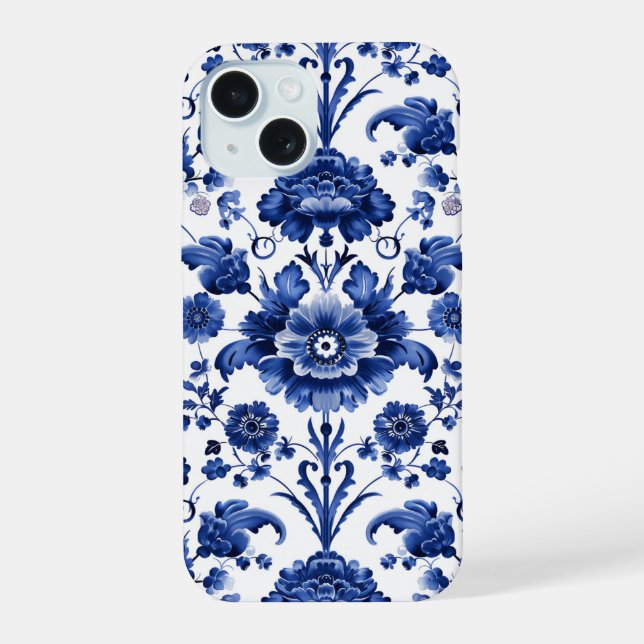 Floral Delft Blue iPhone 15 Case (Back)