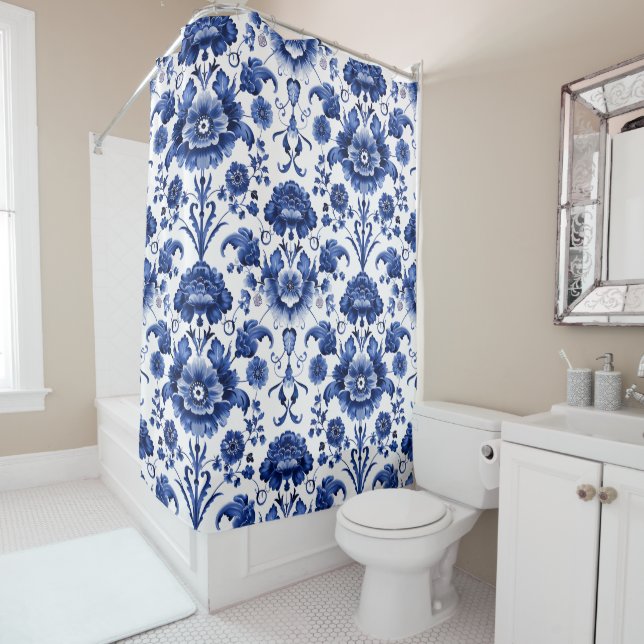 Floral Delft Blue Shower Curtain (In Situ)