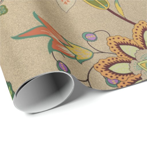 Image of Floral Delicate Oriental Garden Gold Kraft Cali Wrapping Paper