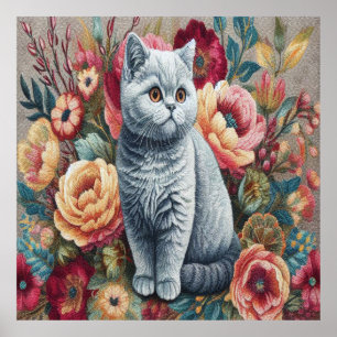 Floral Delight British shorthair Cat, Cute Kitten Poster