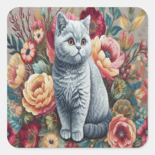 Floral Delight British shorthair Cat, Cute Kitten Square Sticker