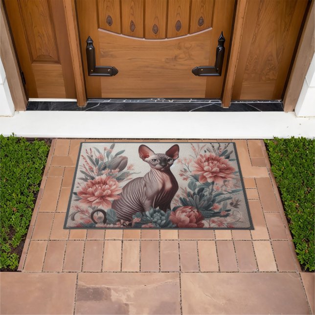 Floral Delight Sphynx Cat, Sphynx Flowers Welcome Doormat (Outdoor)