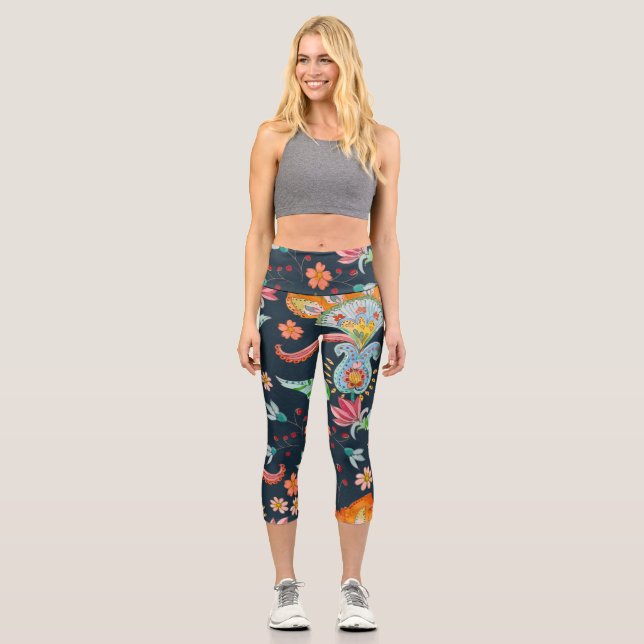 Floral Delight: Watercolor Flower Texture Capri Leggings (Front)