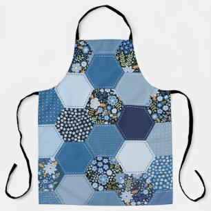 Floral, denim patchwork: blue pattern. apron
