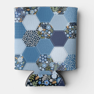 Floral, denim patchwork: blue pattern. can cooler