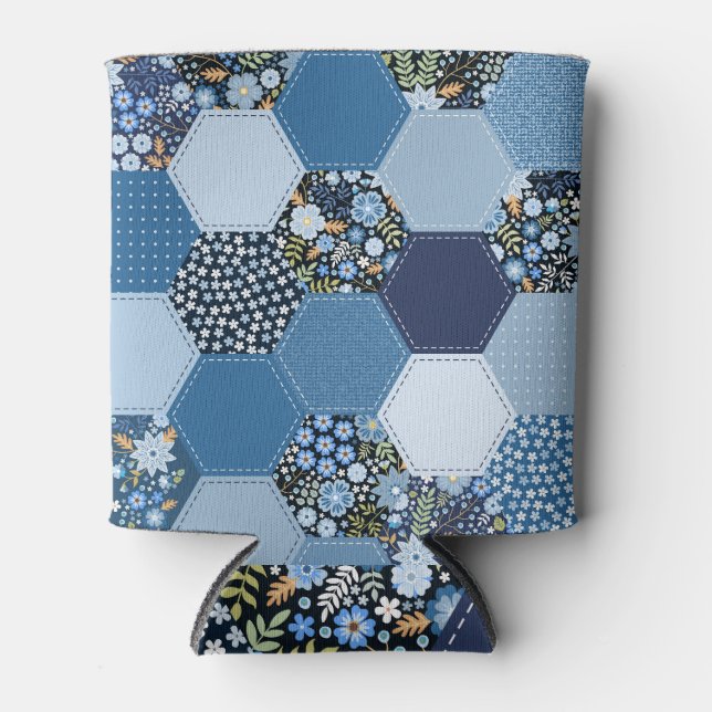 Floral, denim patchwork: blue pattern. can cooler (Front)