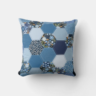 Floral, denim patchwork: blue pattern. cushion