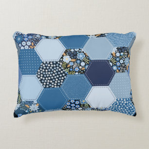 Floral, denim patchwork: blue pattern. decorative cushion