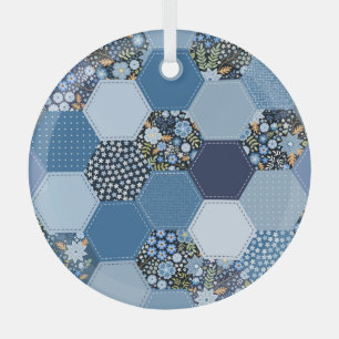 Floral, denim patchwork: blue pattern. glass tree decoration