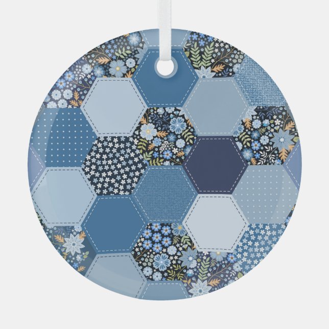 Floral, denim patchwork: blue pattern. glass tree decoration (Front)