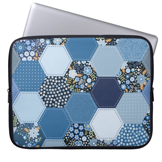 Floral, denim patchwork: blue pattern. laptop sleeve (Front)