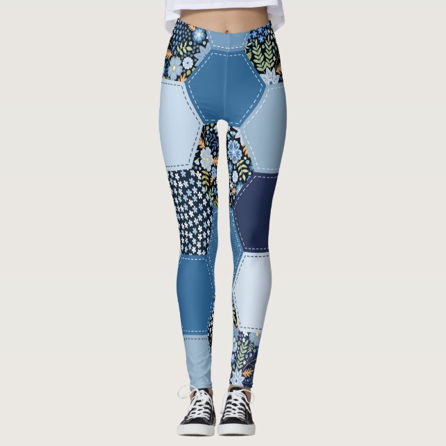 Floral, denim patchwork: blue pattern. leggings (Front)