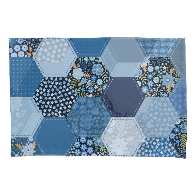 Floral, denim patchwork: blue pattern. pillowcase (Front)