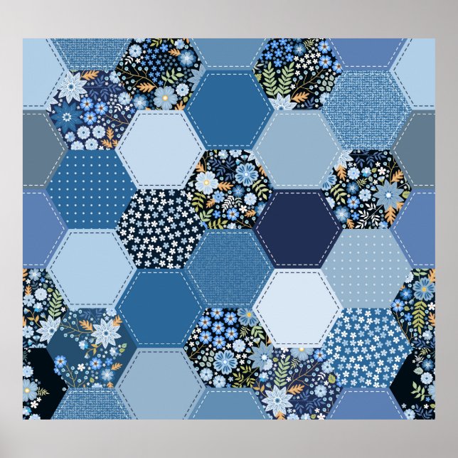 Floral, denim patchwork: blue pattern. poster (Front)