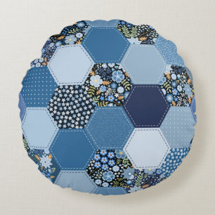 Floral, denim patchwork: blue pattern. round cushion
