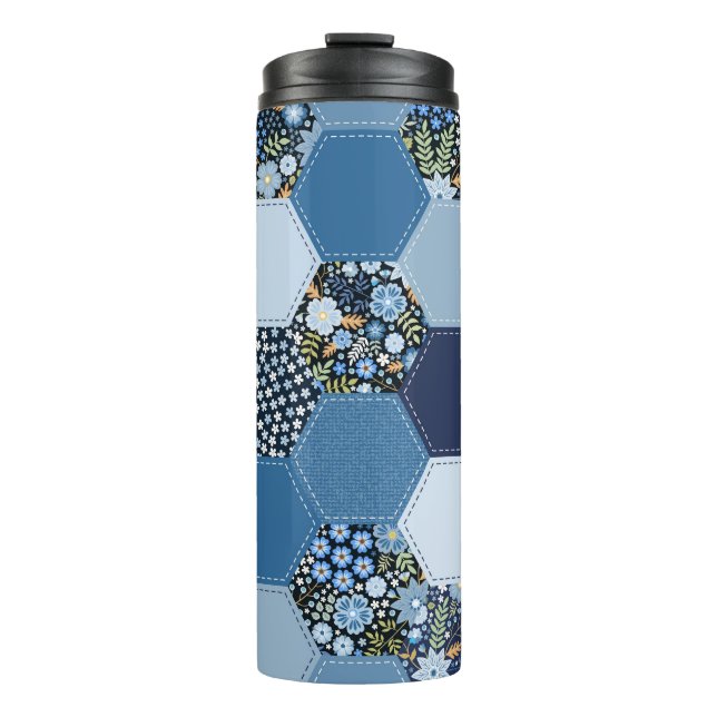 Floral, denim patchwork: blue pattern. thermal tumbler (Front)