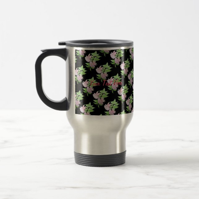 floral design black and pink flowers travel mug (Left)