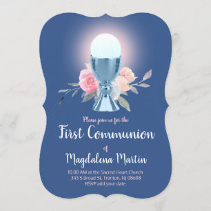 floral design blue chalice First Communion Invitation